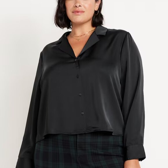 NWT Satin Old Navy Cropped Button-Down Shirt - Womens Plus Size 2X Black Jack - Picture 1 of 9